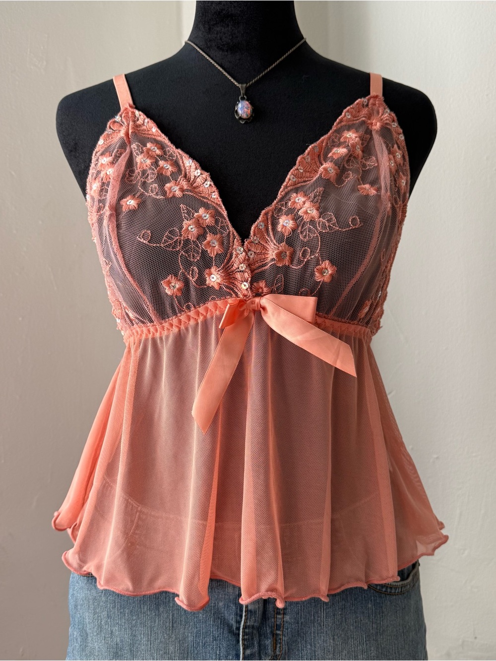 Y2K Coral Mesh Babydoll Tank Top